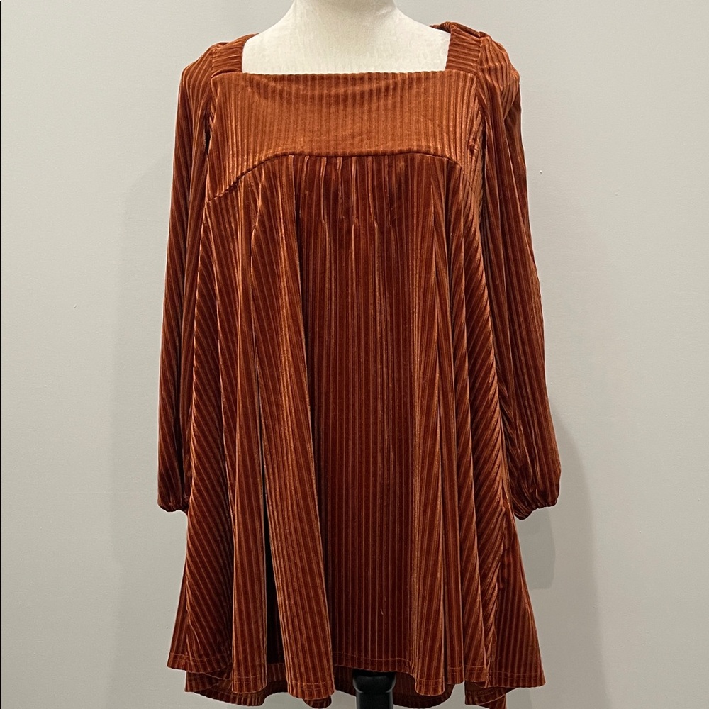 Elegant Long Sleeve Velvet Dress in Rust